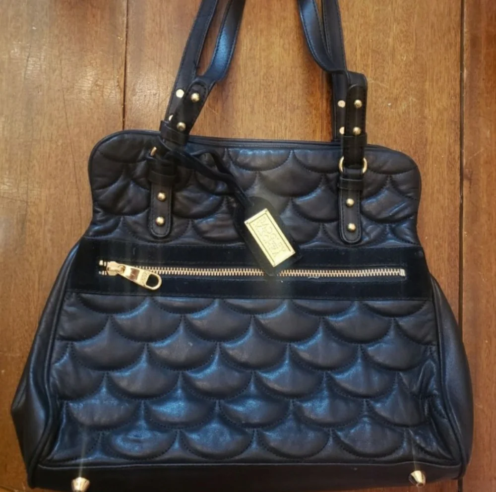 Badgley Mischka Black Quilted Handbag with Gorgeous Gold Accents